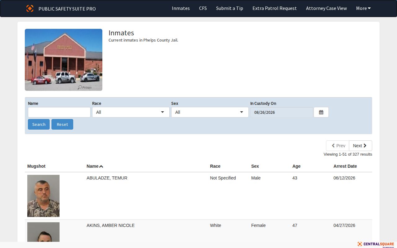 Phelps County current inmate roster and booking record search interface
